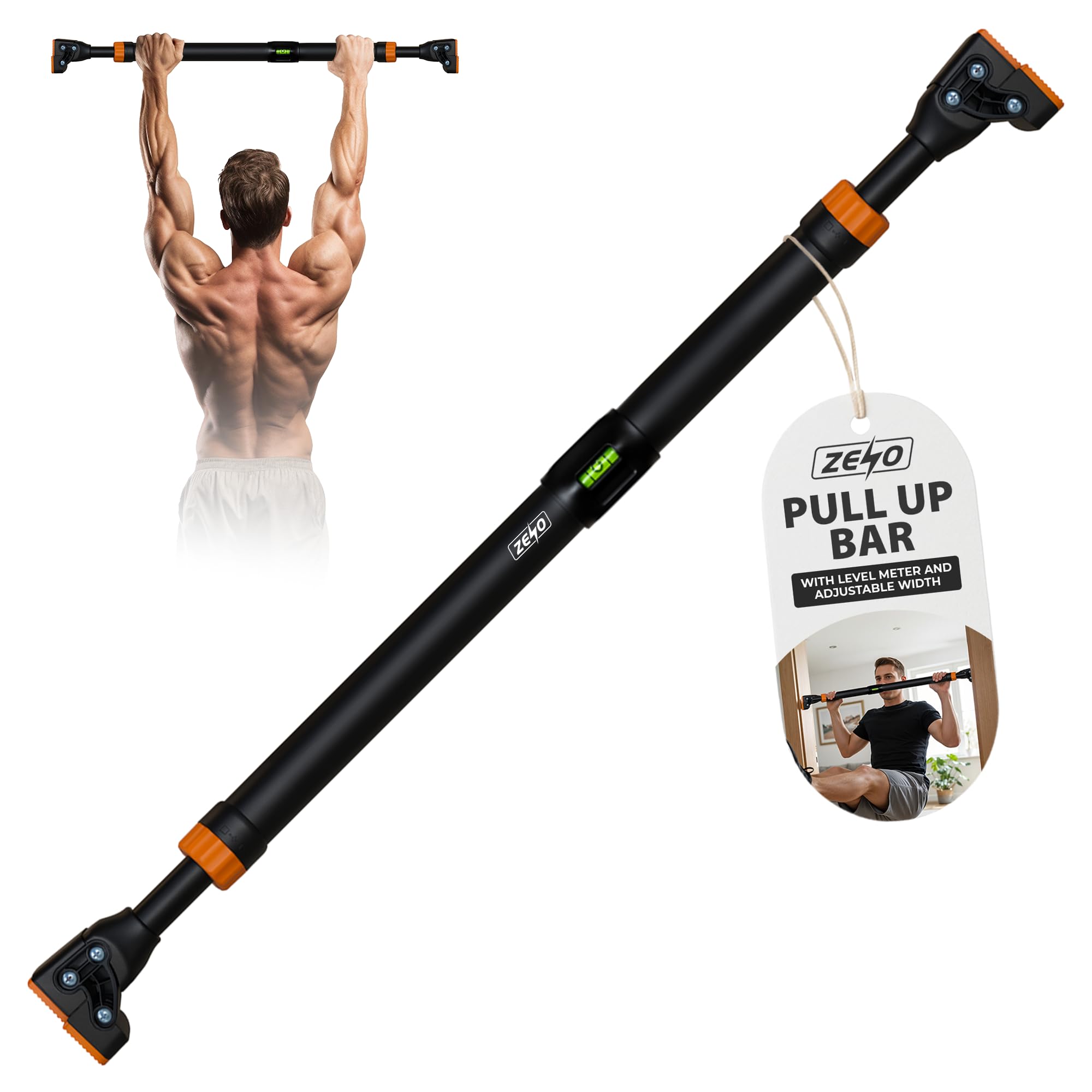 ZENO Pull Up Bar | Pull Up Bar Doorway 72-102CM | Door Pull Up Bars for Push Ups, Chin Ups, Press Ups, Stretching | Heavy Duty & Adjustable | Easy To Install | Soft Comfortable Grip | Black/Orange