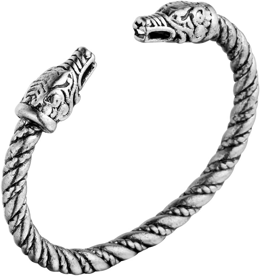 Norse Viking Double Dragon Head Twisted Bangle Cuff Bracelet Arm Ring Pagan Jewelry
