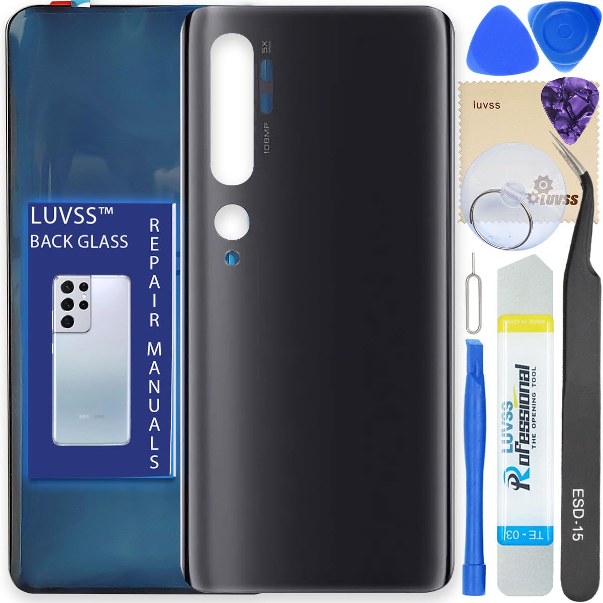 LUVSS Back Glass Cover Replacement Compitable for Xiaomi Mi Note 10 / Pro Rear Cover + Repair Manual DIY Tools Kit (Black)