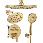 Shower System with Pressure Balance Valve, 10" Ceiling Mount Shower Faucet Set with 2 Rain Shower Head And Multi-function Handheld Head Push Button Diverter Pressure Balancing Valve Kit, Brushed Gold