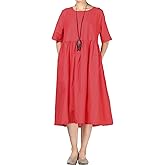 Minibee Women's Linen Tunic Summer Dress Casual Midi Dresses with Pockets
