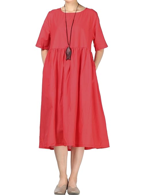 Mordenmiss Women's Linen Cotton Dress Summer Midi Dresses with Pockets at Amazon Womenâs 