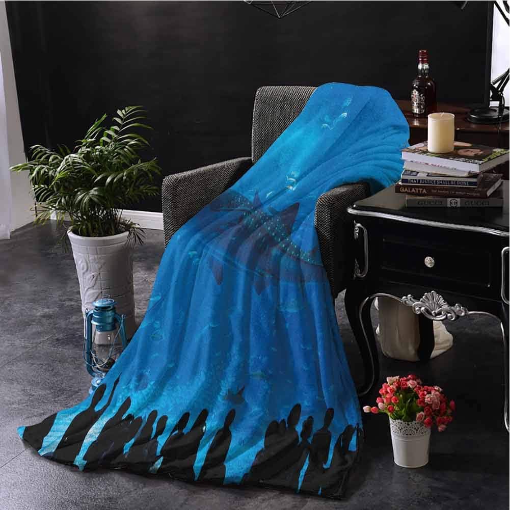 SSKJTC Throw Blanket Shark Japanese Aquarium Park with People Silhouettes Watching Underwater Life Hobby Image Blue Black Sofa Camping Reading Car Travel W60 xL50