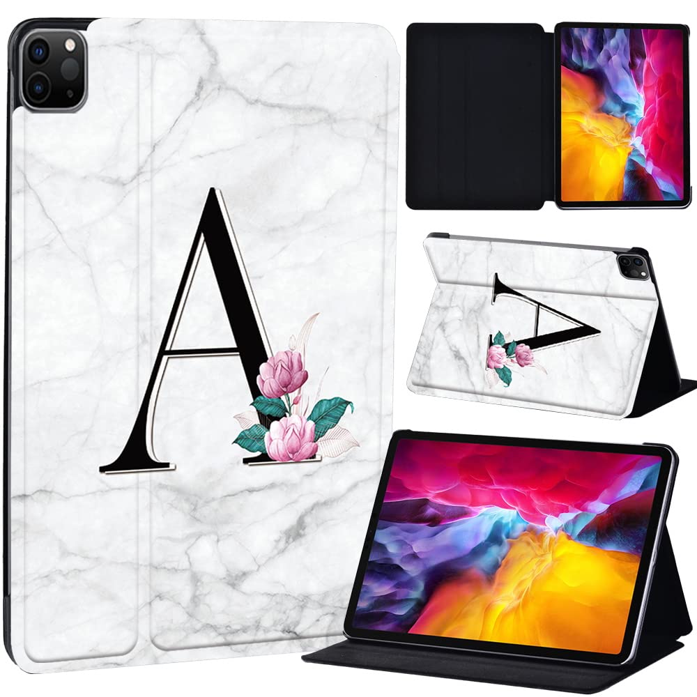 PU Leather + hard shell Ultra slim lightweight Folio Flip Tablet Stand Smart Cover Case Fit iPad Air 4 10.9" (2020) / iPad Pro 11" (2018 2020 2021) (letter A on white marble)