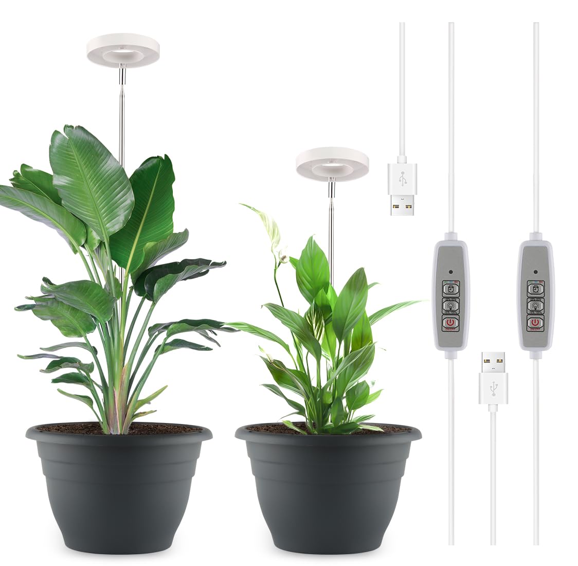 Photo 1 of RooTrimmer 11 Inch Plant Pots with 3 x LED Grow Lights for Indoor Plants and 1 x Soil Moisture Meter - Complete Indoor Plant Care Set, 3 Pack Flower Pots with Drainage Holes and Plug, Gray