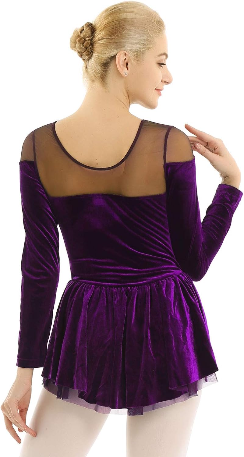 Agoky Women's Double Layer Mesh Shoulder Velvet Long Sleeve Dance Leotard Dress Figure Ice Skating Wrap Skirt: Clothing