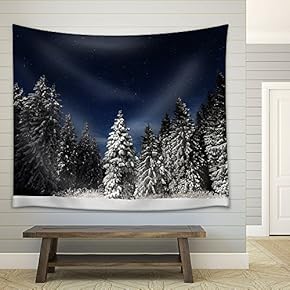 Snow Covered Pine Tree Forest at Night - Fabric Wall Tapestry Home Decor - 51x60 inches