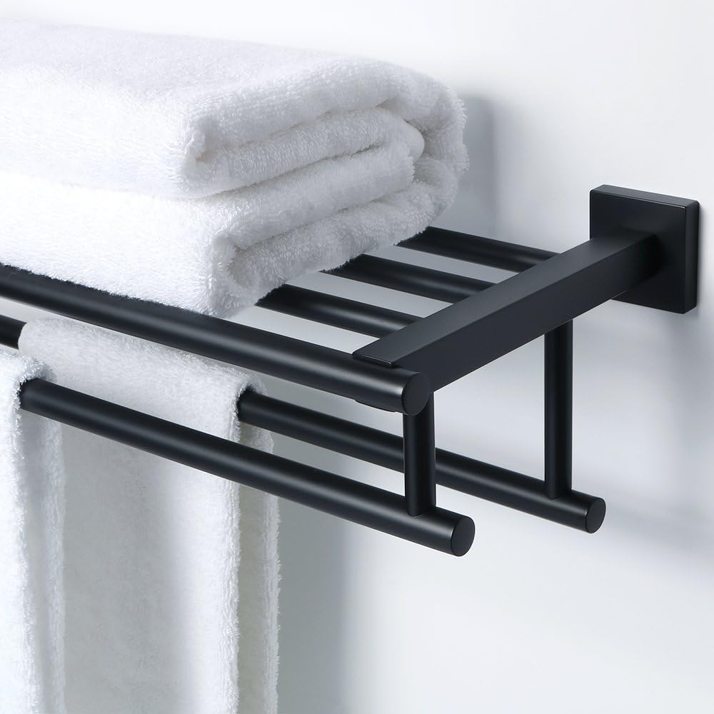Alise GZ8000-B Bathroom Lavatory Towel Rack Towel Shelf with Two Towel Bars Wall Mount Holder,24-Inch SUS 304 Stainless Steel Matte Black: Home & Kitchen