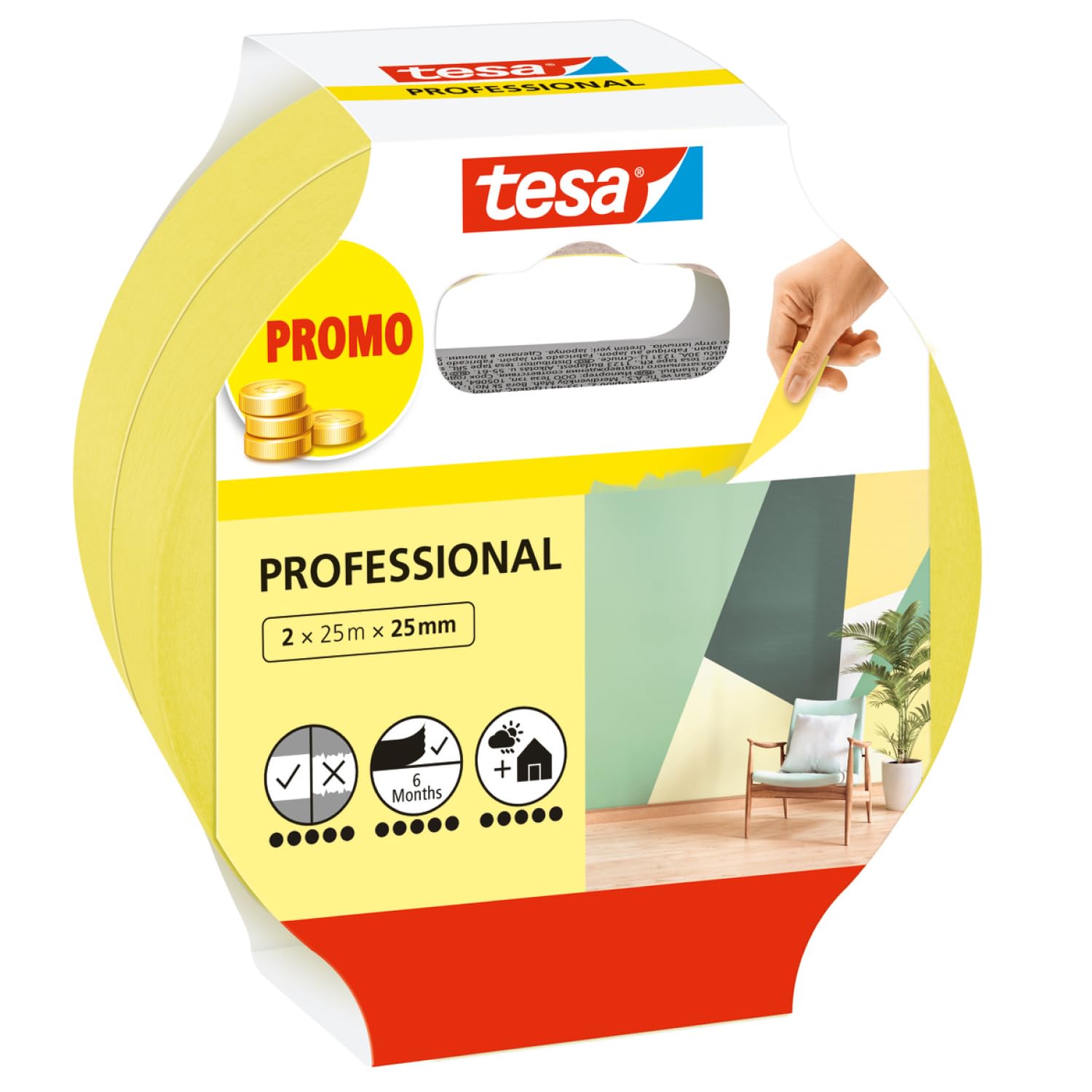 tesa Masking Tape Professional - Painter's Tape Made of Thin Washi Paper for Particularly Precise Masking During Painting Work - for Indoors and Outdoors - 2X 25 m x 25 mm