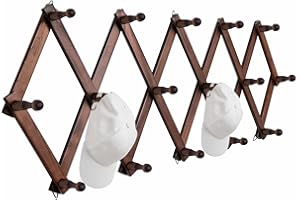 SCUNDA Hat Rack for Wall, Expandable Wall Hat Holder with 16 Hooks, 16 inch Wooden Wall Hook for Baseball Caps,Cowboy, Bag,Hoodie(Brown)