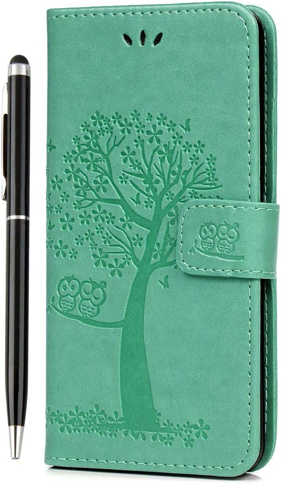 iVOYISamsung Galaxy A7 2018 Case, Premium PU Leather Phone Case Wallet Flip Owl Tree Embossed Case Protective Cover for Samsung Galaxy A7 2018 [Kickstand] Card Holder & One Touch Pen, Green