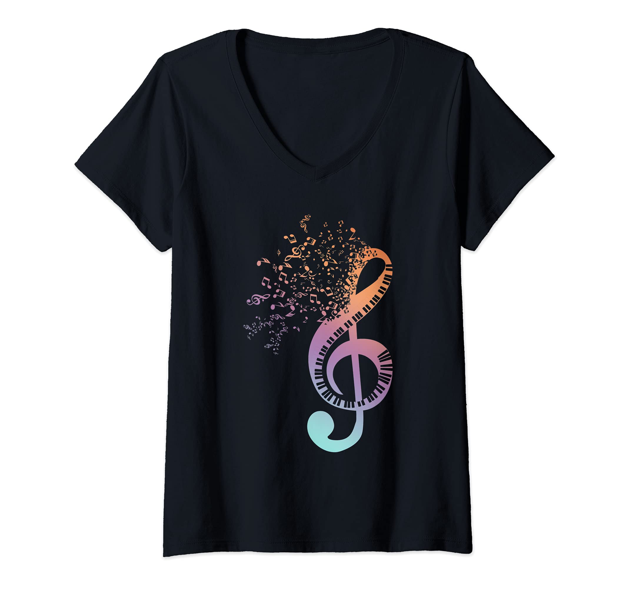 Womens Treble Clef Keyboard Classical Music Notes Pianist Piano V-Neck T-Shirt