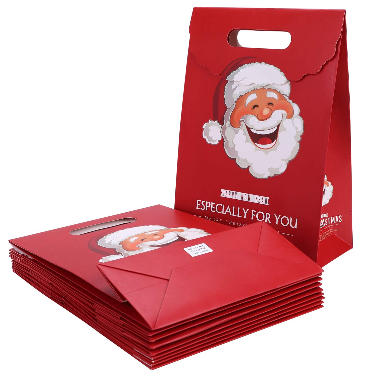 10pcs Christmas Party Bags Santa Paper Gift Bags Carrier Bags with Handle Xmas Recycled Present Wrapping Boxes Holiday Party Favour Treat Bag for Shopping Grocery Baking Candy