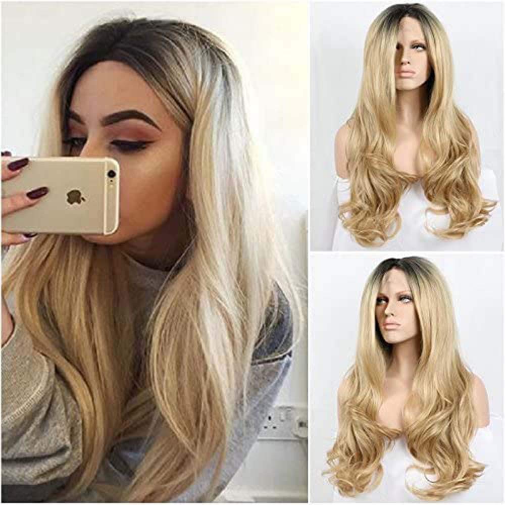 Xiweiya Wig Natural Looking Synthetic Blonde Lace Front Wavy Wigs With Dark Roots For Women Hair Heat Resistant Fiber Long Ombre Blonde Wig