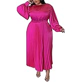 Women's Plus Size Maxi Dresses 2026 Fall Lantern Long Sleeve Flowy Swing Pleated Maxi Dresses