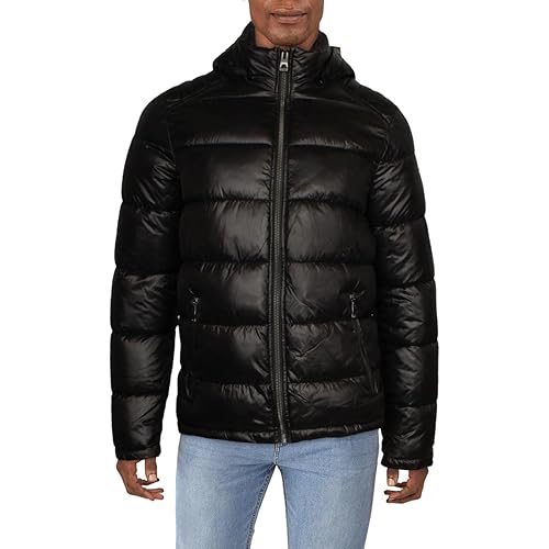GUESS mens Midweight Puffer Jacket Down Alternative Coat, Black