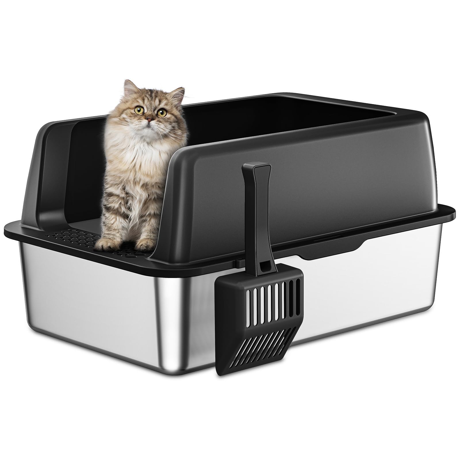 Zarler Stainless Steel Litter Box with Lid, Extra Large Cat Litter Boxes, XL Large Metal Litter Box for Big Cats with High Sided, Black (Non-Sticky, Easy to Clean, Anti-Urine Leakage) Image