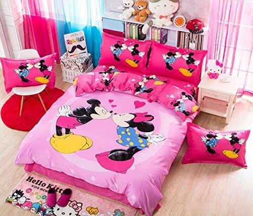 Soft Cartoon 4pc Duvet Cover Set Disney Mickey Minnie Bed Sheet All Cotton Bedding Set Comforter Cover+flat Sheet+pillowcase (Kiss)