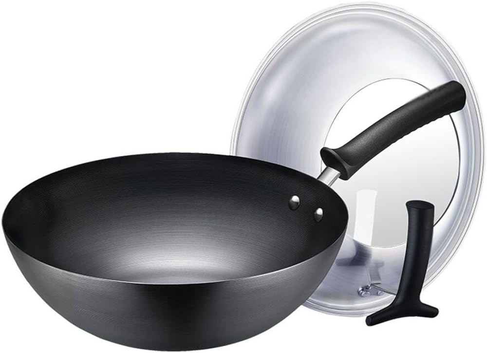 Wok LINGZHIGAN Professional Chef Cookware Iron Non-stick Pan No Coating Safe And Healthy Stainless Steel Visual Lid (Color : Caliber 32m)