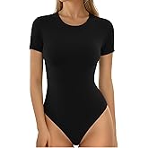 MANGOPOP Women's Crew Neck Short Sleeve Bodysuit Long Sleeve Body Suit T Shirts Basic Slim Fitted Tops