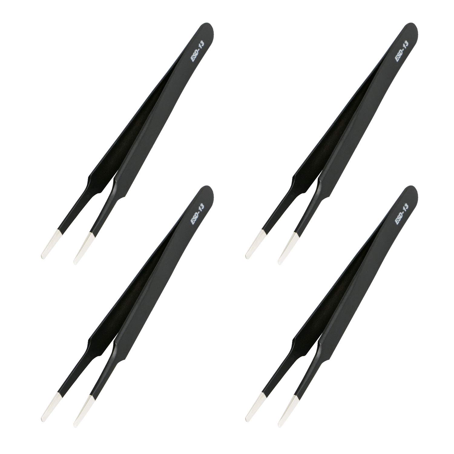 Aoje-Link ESD-13 Professional Anti-Static Precision Technology Tweezers, Non-Magnetic Flat and Round, Stainless Steel Plastic Coated, Full Length 120mm, Black, 4pcs