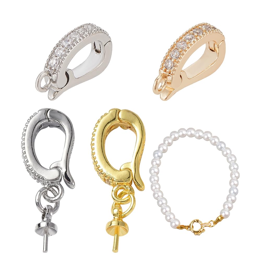DELORIGIN 4 Style 18k Gold Plated Jewelry Clasps Shiny Cubic Zirconia Pendant Clasp Connector with Peg Bail Brass Rhinestone Jump Rings for Necklace Jewelry Making Fixing Bracelet Extender Charms