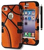 iPhone 4 Case, Bastex Heavy Duty Hybrid Case - Soft Black Silicone Cover Hard Basketball Design Case for Apple iPhone 4, 4g, 4s 4gsINCLUDES STYLUS
