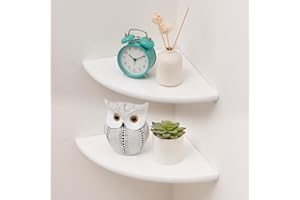 CONAMILY Corner Shelf, White Floating Corner Shelf, Set of 2 7inch Solid Oak Wood Corner Wall Shelves, Round End Wall Mount Display Shelf with Wire Hole for Small Plant for Bedroom Kitchen, Living Room