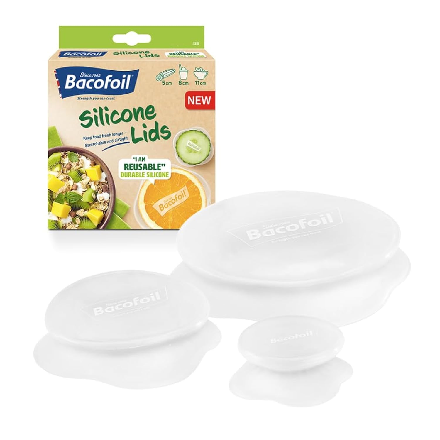 Bacofoil Reusable Silicone Lids for Bowls, Jars, Containers - 3 Pack - Silicone Covers for Food - Leakproof, Airtight Stretch Lids - Microwave, Freezer, Dishwasher-Safe - Kitchen Storage Essentials
