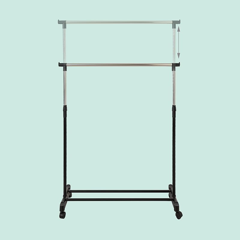 Cabide, ajustável de 90 a 158 cm, com rodas, prateleira, até 15 kg, suporte de roupa, prateado/preto