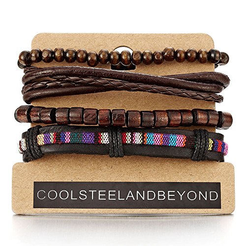 Mix 4 Brown Wrap Bracelets Men Women, Wood Beads Ethnic Tribal Bracelets, Leather Cotton Wristbands