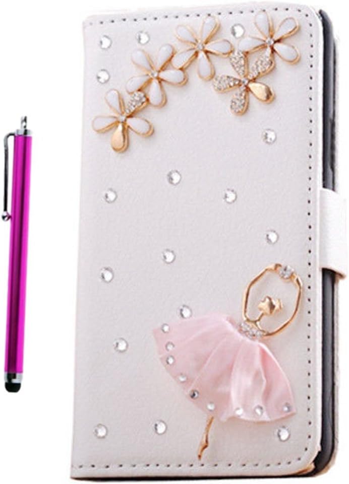 Aenmil(TM) Handmade 3D Bling PU Leather Wallet for Apple iphone 5C Rhinestone Design Diamond Case Cover and Free Gift Pink Touch Pen (Pink Dancing Girl)