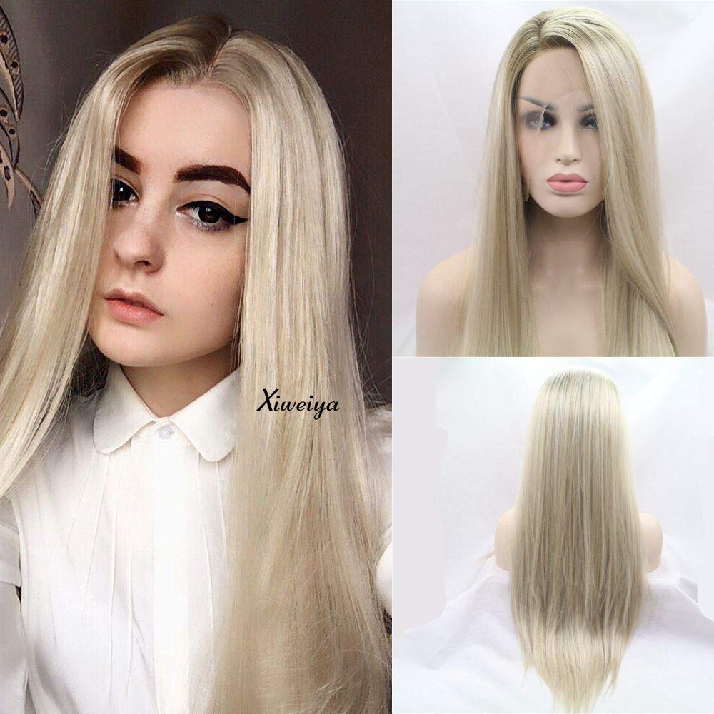 Xiweiya Lace Wig Ombre Light Blonde Hair with Light Blonde Brown Roots Long Silky Straight Synthetic Side Part Glueless Half Hand Tied Lace Front Wigs Heat Resistant Hair for Women Daily Wear 24" — image 1