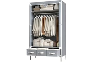 ASSICA Portable Clothes Closet Rolling Door Wardrobe with Hanging Rack Non-Woven Fabric Storage Organizer with Three Drawer B