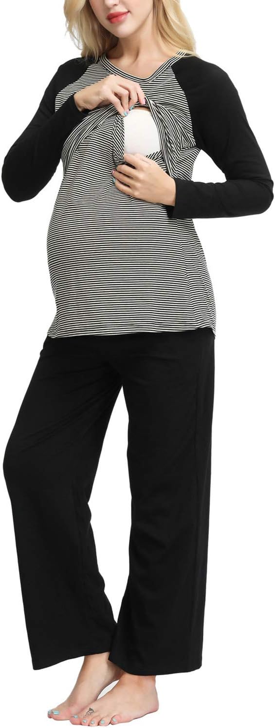 Women Maternity Nursing Pyjamas Set Cotton Long Pregnancy Pjs Set Nightwear