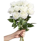 LFF 10pcs Silk Roses Artificial Flowers Fake Long Stem Roses for DIY Wedding Bouquet Home Decoration (Ivory)
