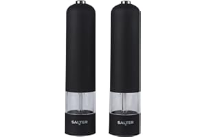 Salter 7524 BKXR Electric Salt & Pepper Grinder Set - Matt Black Soft-Touch, Push Button Operation, Battery Powered, Ceramic Mechanism, Adjustable Fine To Coarse Grind, 66g Rock Salt/30g Pepper Corns