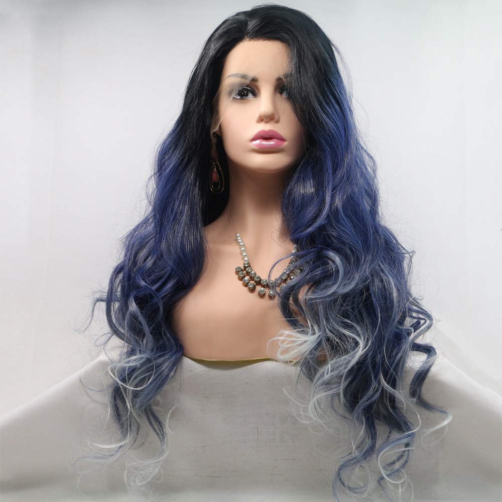 Xiweiya Long Ombre Blue Body Wave with Dark Roots Heat Resistant Fiber Hair Synthetic Lace Front Wig for Women, Drag Queen Cosplay Makeup 24 Inches