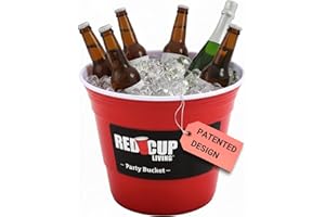 Reusable Red Party Bucket, Ice Bucket – 2 Gallon Large Plastic Beverage Tub, Glass Pitcher, Drink Bin Cooler for Parties, Ins