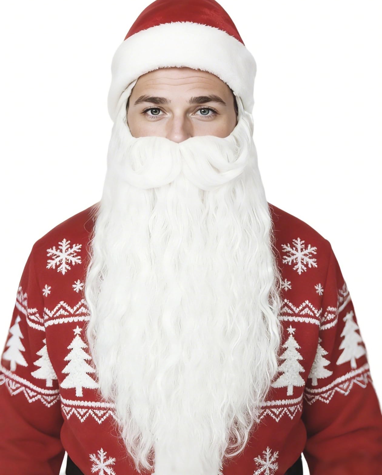 Linfairy Long Curly Synthetic Fake Beard Mustache for Wizard Costume and Halloween Party for Adults (White)