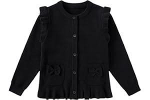 LIFAKY Girls Cardigan Sweater Button Long Sleeve Ruffle School Uniform Crewneck Pockets Knit Solid Sweaters Tops