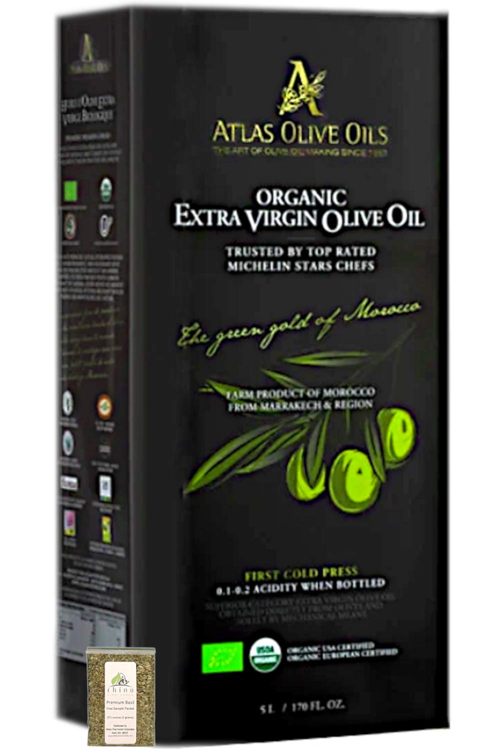 Atlas Olive Oils SARL, Moroccan Organic Extra Virgin Olive Oil (EVOO), 5 Liter, Cold Pressed, Polyphenol Rich, Imported from Morocco, 170 fl oz + Includes-Free Basil from Rhino Fine Foods, .071 oz