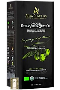 Atlas Olive Oils SARL, Moroccan Organic Extra Virgin Olive Oil (EVOO), 5 Liter, Cold Pressed, Polyphenol Rich, Imported from Morocco, 170 fl oz + Includes-Free Basil from Rhino Fine Foods, .071 oz