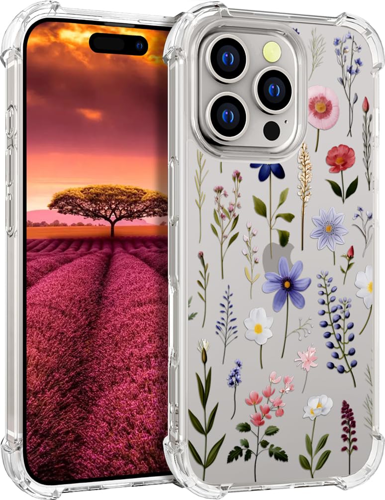 Topgraph Compatible with Iphone 16 Pro Case Designer Cute Clear For Women,Silicone Phone Cover Case Design (Blue Blooming Wild Flowers Leaves Herbs)