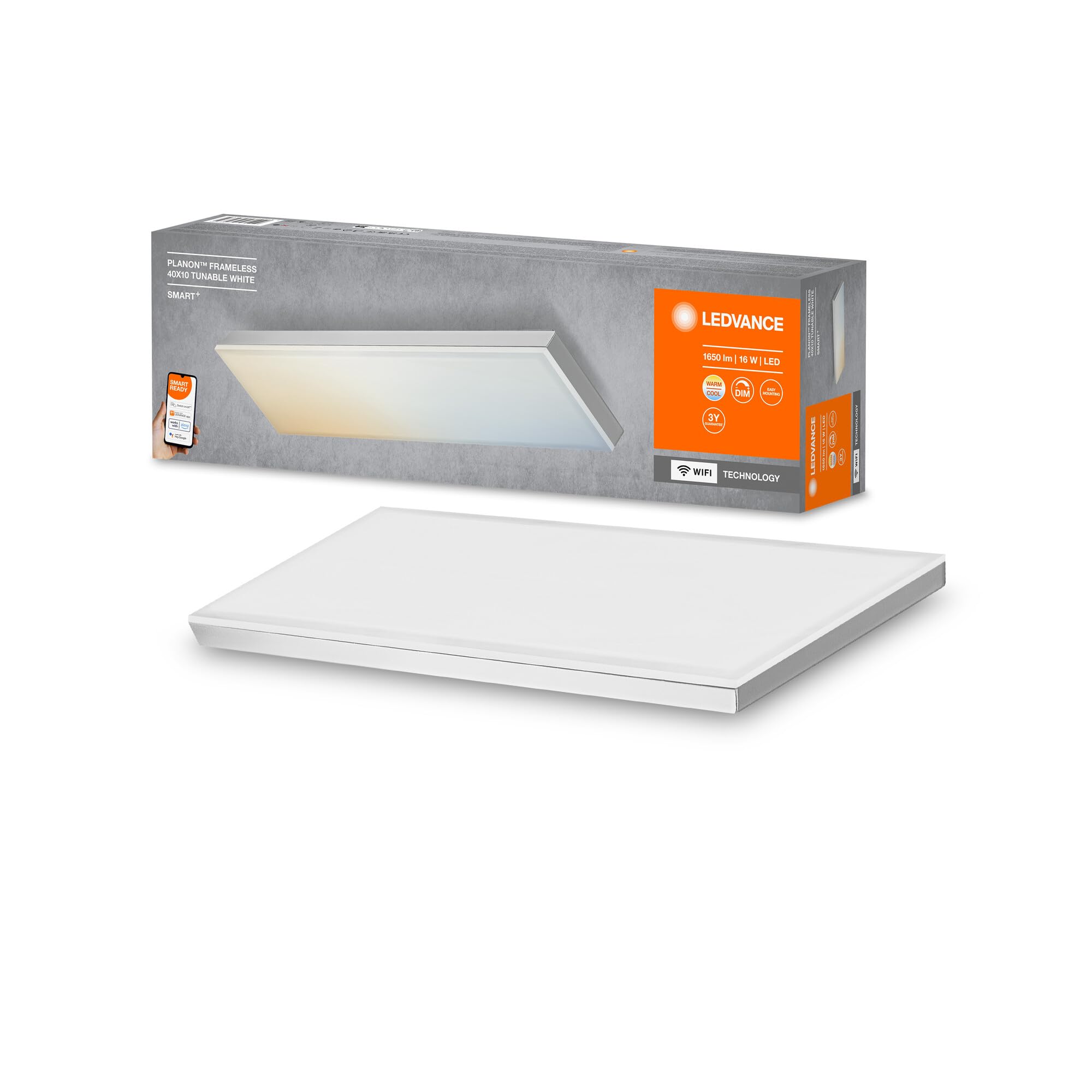 LEDVANCE Smart LEDCeiling Luminaire, Indoor Panel with WiFi Technology, Tunable White (3000K-6500K), 400 mm X 100 mm, Compatible with Google and Alexa Voice Control, SMART+ WiFi ORBIS Frameless