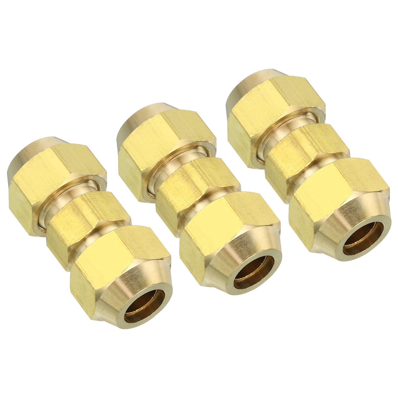 PATIKIL 3/8" OD Brass Flare Union Connector, 3 Set Air Conditioning Copper Double Pipe Extension Joint Connectors Pipe Hose Fitting with Nut, 1.52 x 0.63inch