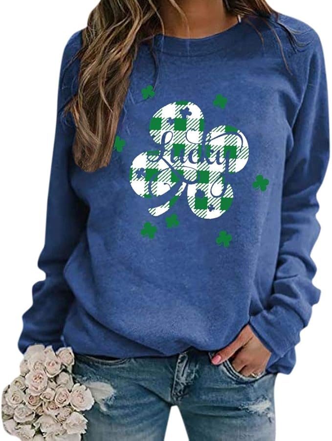St. Patrick's Day Sweatshirts for Women Lucky Plaid Clover Print