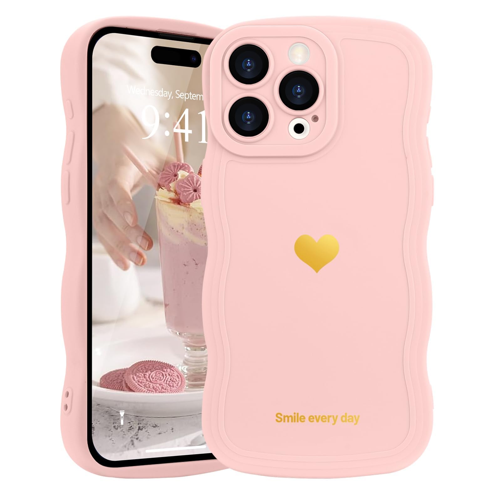 LAPOPNUT for iPhone 14 Pro Case,Cute Curly Wave Frame Love Heart Phone Case for Girls Women,Soft Silicone TPU Bumper Shockproof Camera Protective Cover for iPhone 14 Pro 6.1 inch,Pink — image 1