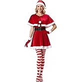 Geyoga 5 Pcs Women Mrs Santa Claus Christmas Costume Velvet Dress with Cape Belt Striped Tights Hat Gloves for Xmas Cosplay