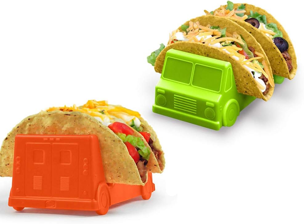 Kids Taco Holder Stand Truck Shape Holds Up to 2 Tacos Each as Plates, Holds Hard or Soft Shell for Kids and Families with Bonus Dish Safe for Dishwasher(Set of 2)